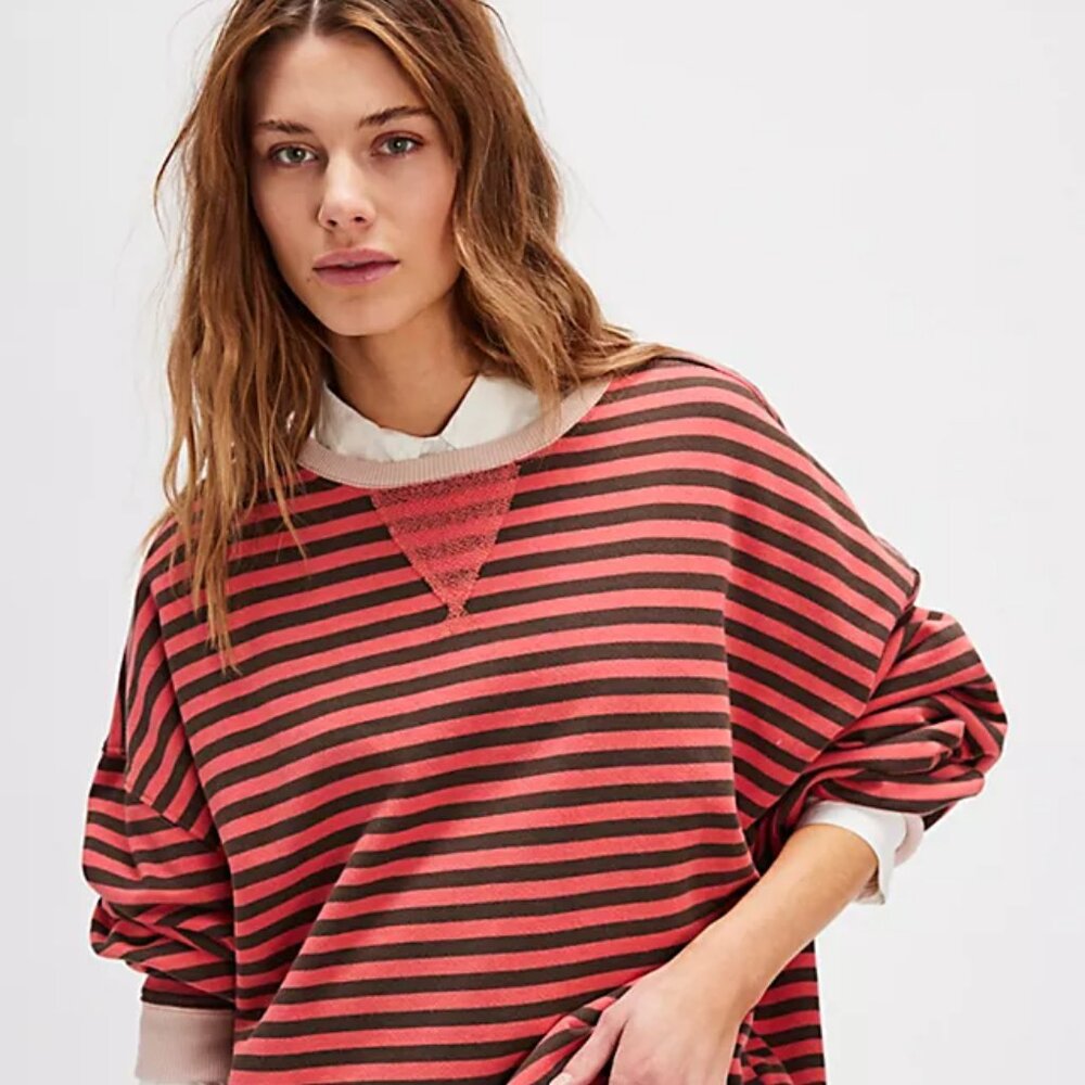 Free People Classic Striped Oversized Crewneck in Coral Combo